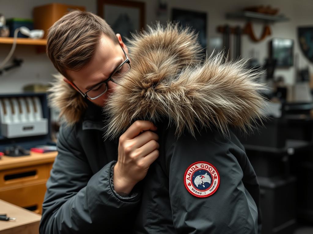 Professional technician replacing fur trim on Canada Goose jacket