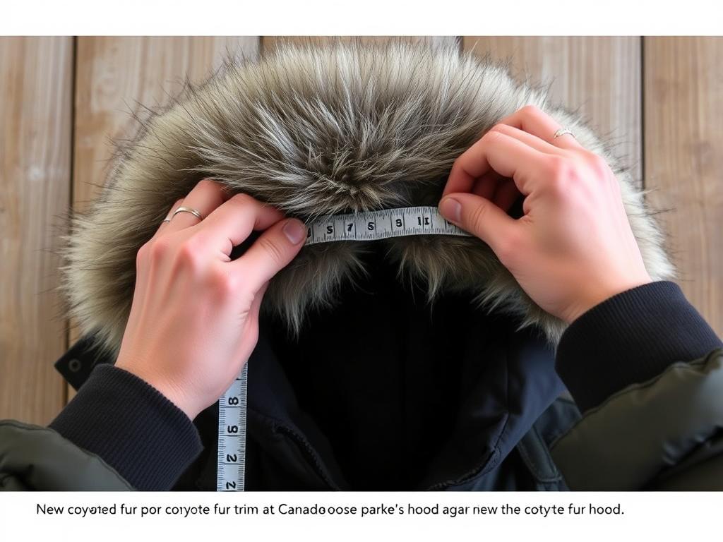 Measuring and preparing new fur trim for Canada Goose hood