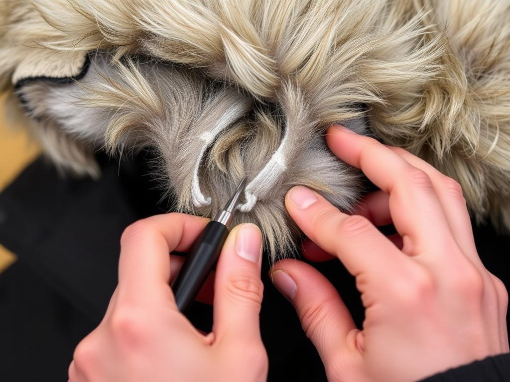 Removing old fur trim from Canada Goose hood with seam ripper