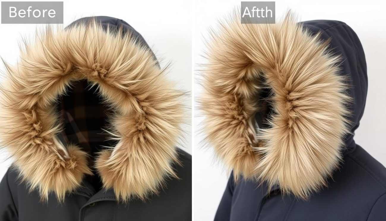 Before and after comparison of Canada Goose fur trim replacement